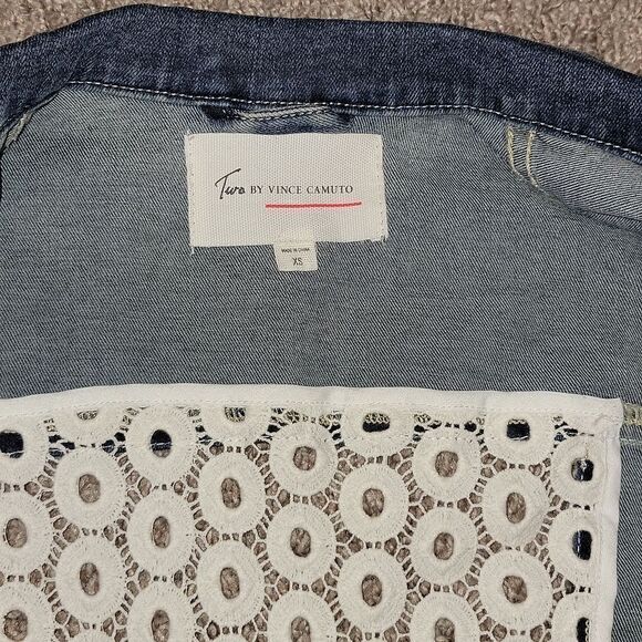 Two by Vince Camuto Denim Vest with White Crochet Lace Back Detail Size XS - Picture 3 of 8